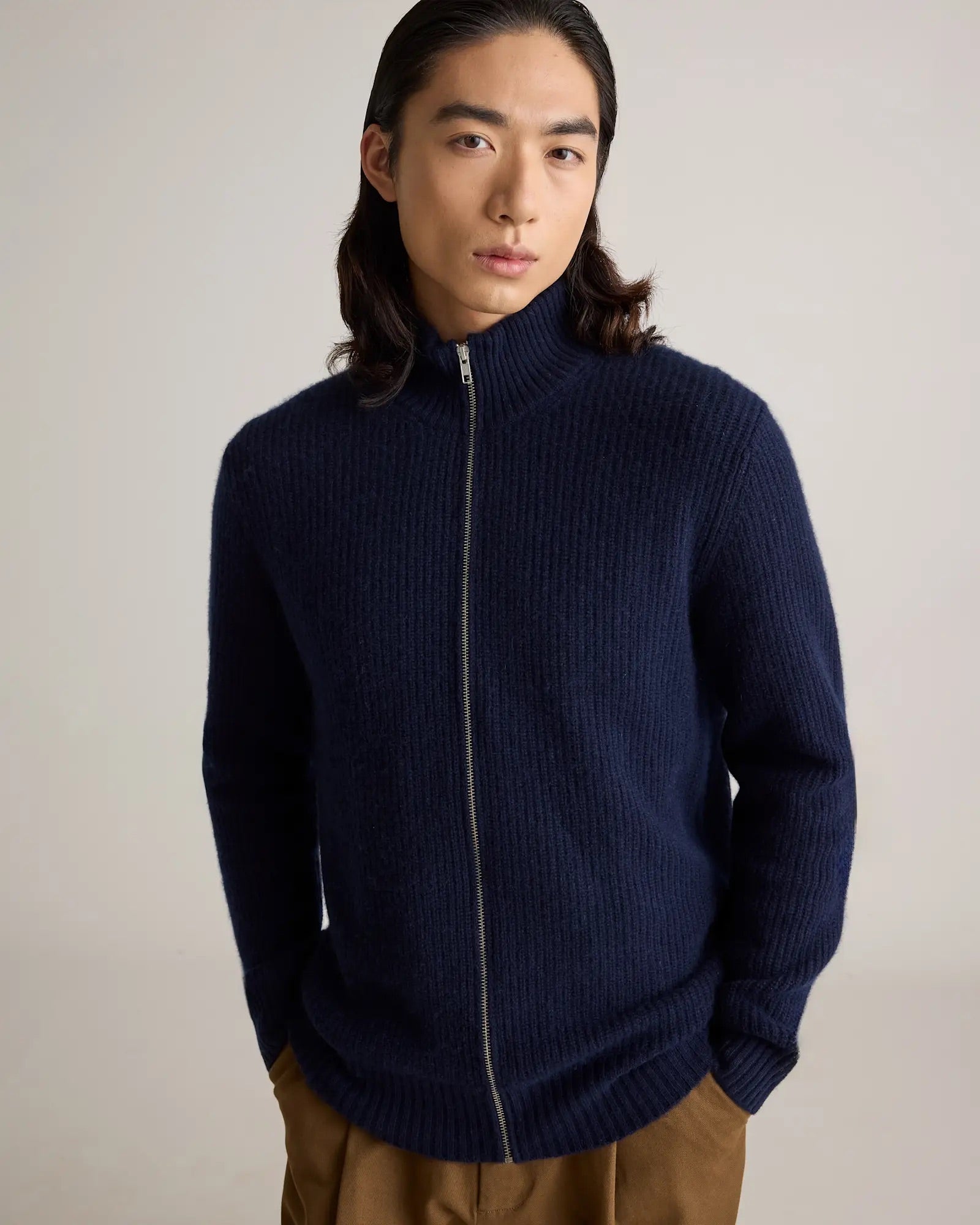Suéter Masculino 100% Algodão com Zíper Frontal - Azul marinho