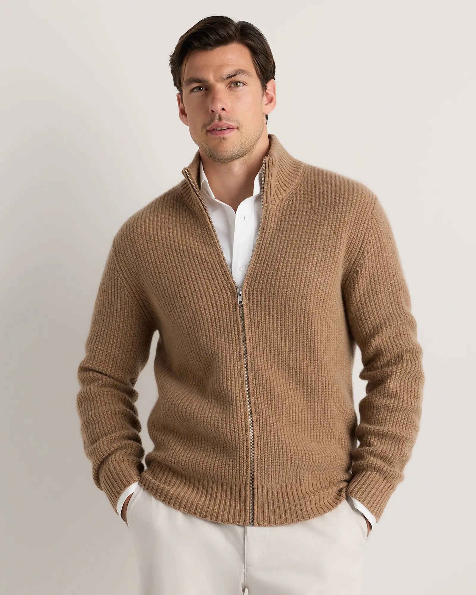 Suéter Masculino 100% Algodão com Zíper Frontal - Bege