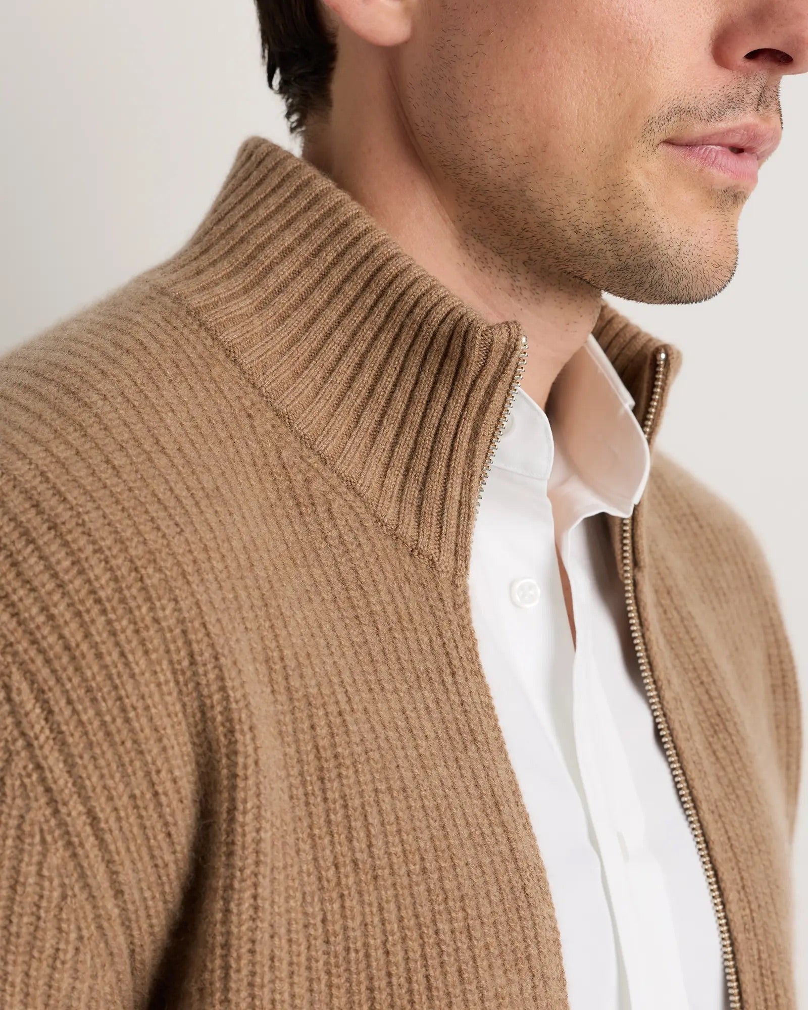 Suéter Masculino 100% Algodão com Zíper Frontal - Bege
