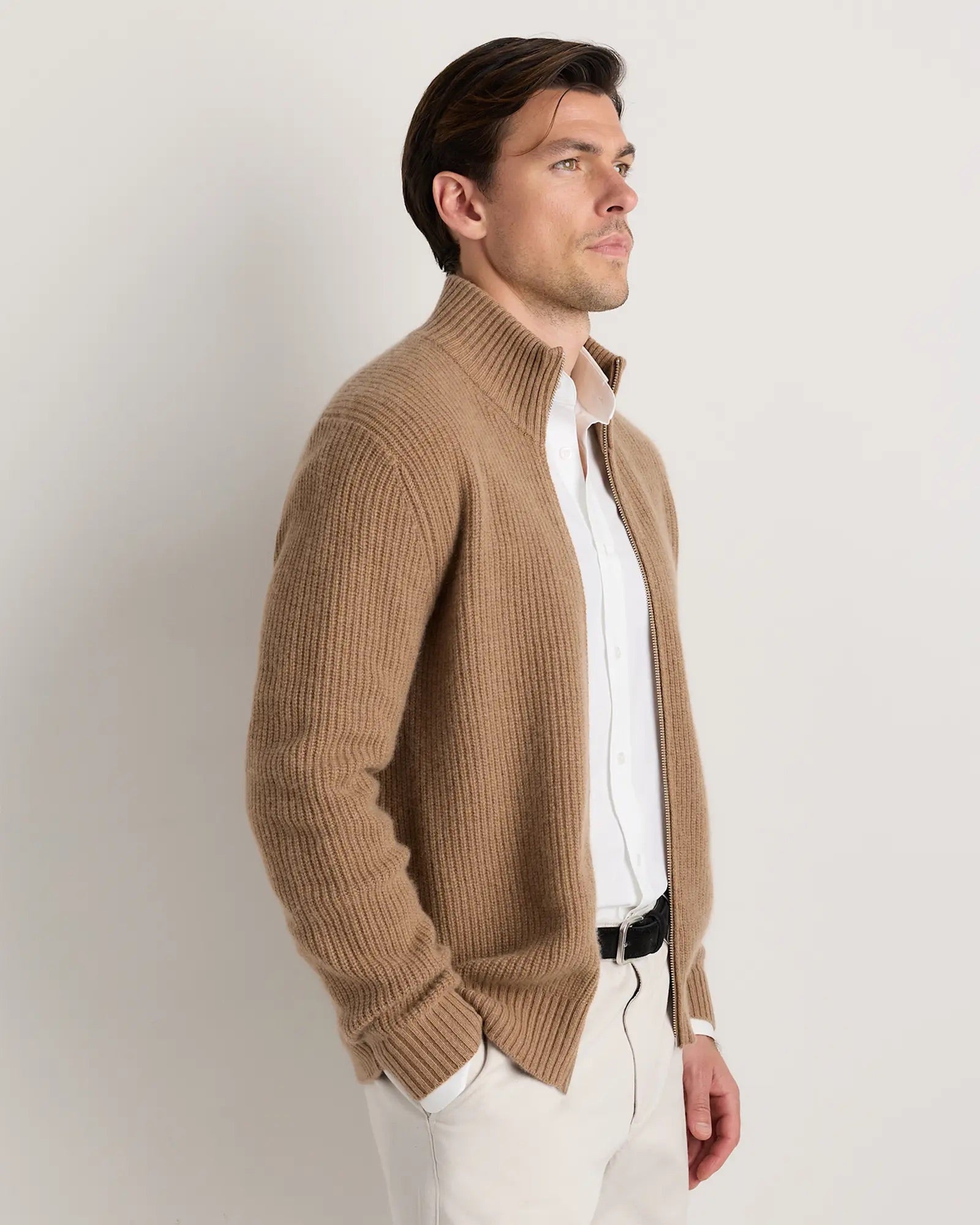 Suéter Masculino 100% Algodão com Zíper Frontal - Bege