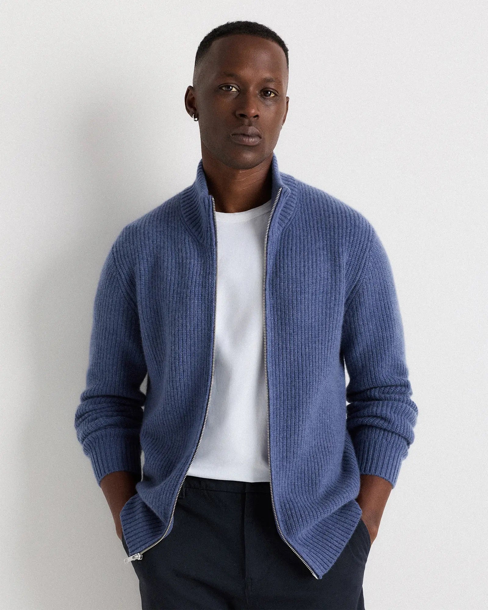 Suéter Masculino 100% Algodão com Zíper Frontal - Azul