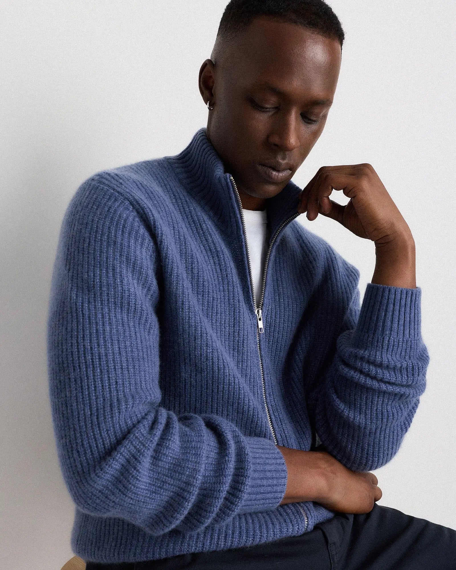 Suéter Masculino 100% Algodão com Zíper Frontal - Azul