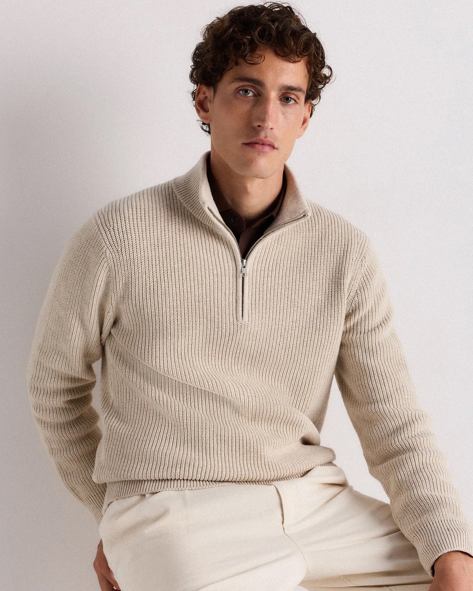 Suéter Canelado Quarter Zip Jumper - Off white