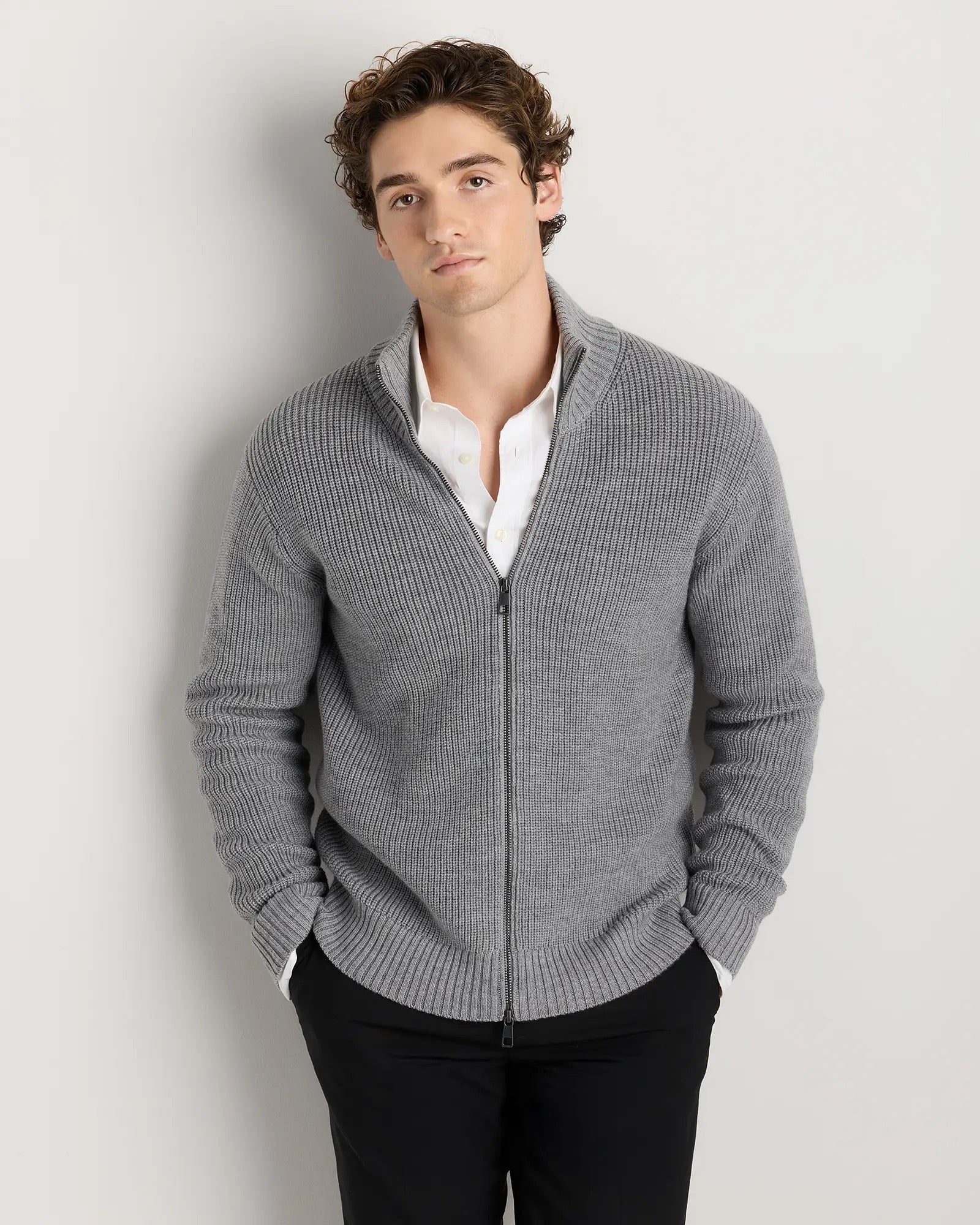 Suéter Masculino 100% Algodão com Zíper Frontal - Cinza