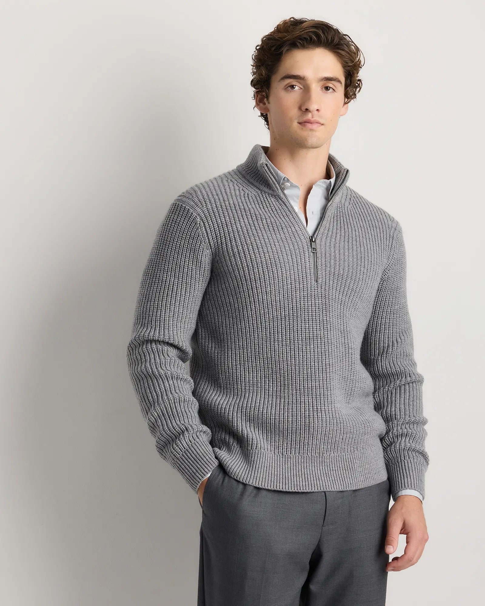 Suéter Canelado Quarter Zip Jumper - Cinza