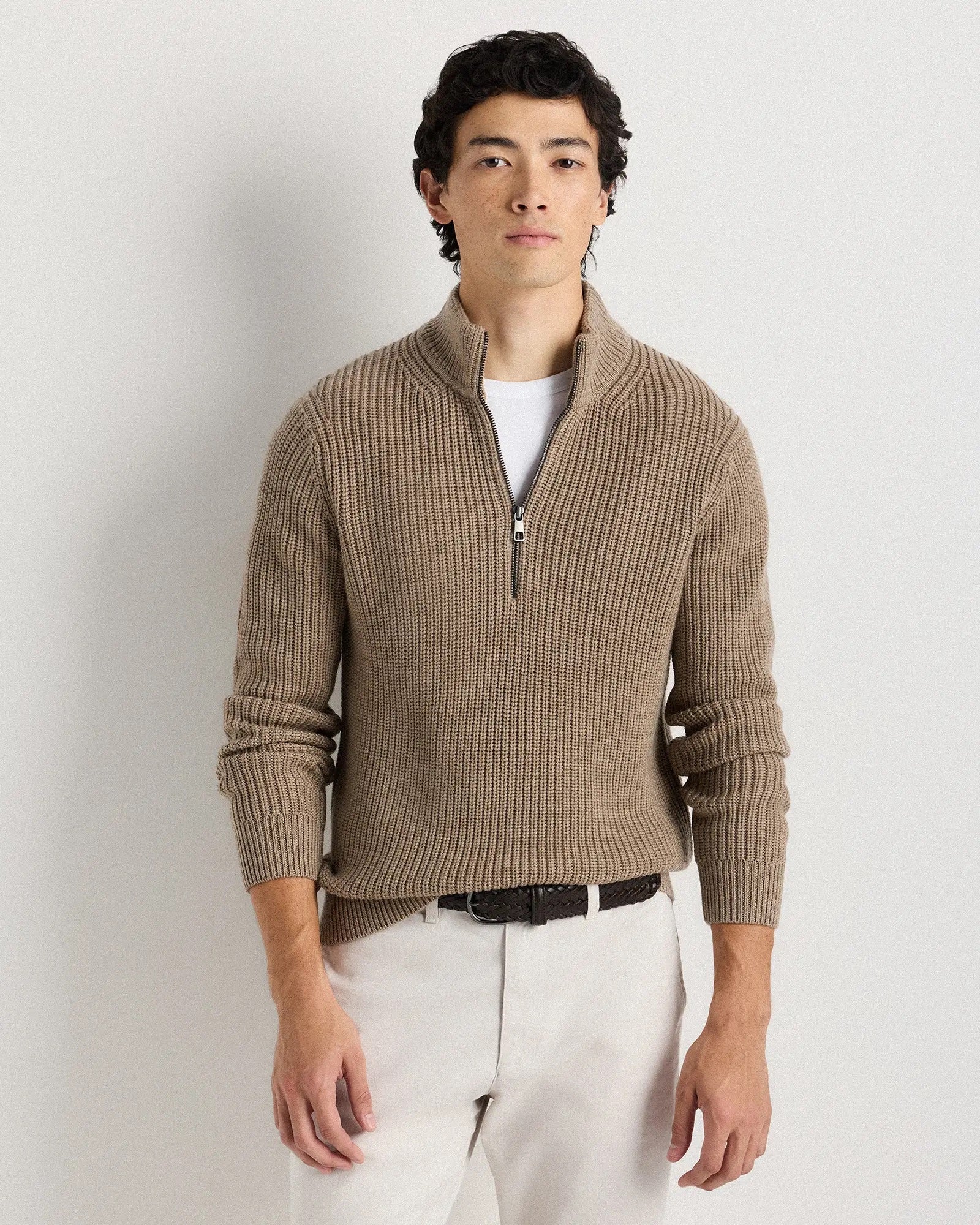 Suéter Canelado Quarter Zip Jumper - Bege