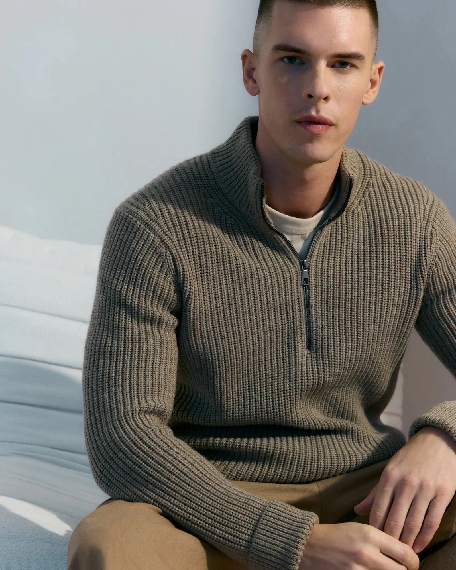 Suéter Canelado Quarter Zip Jumper - Bege