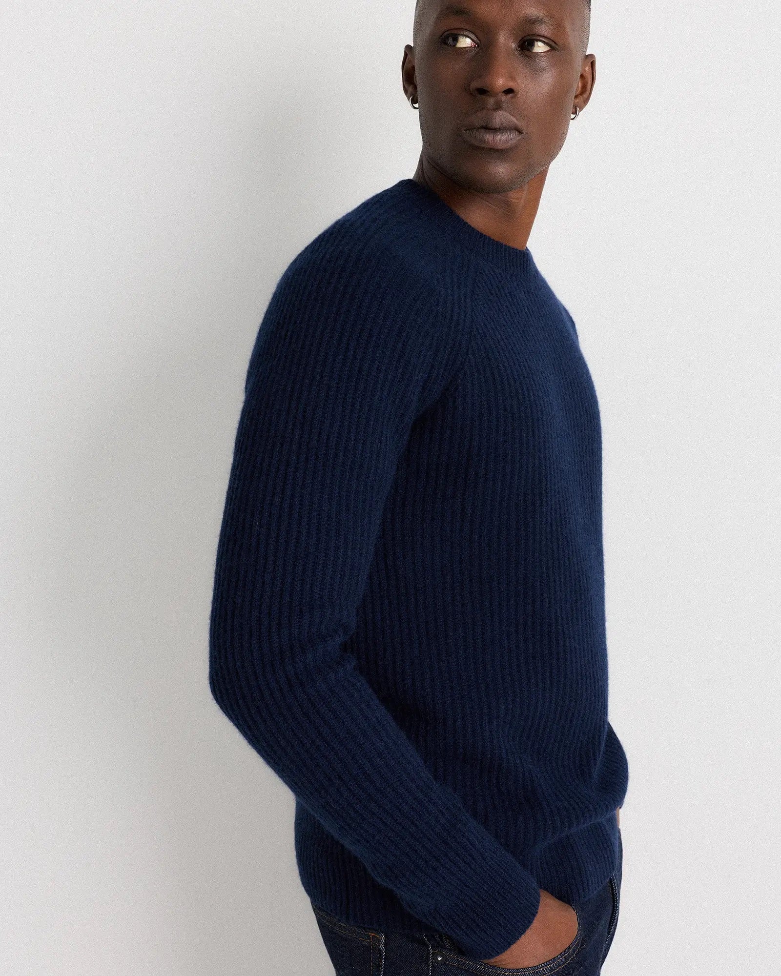 Suéter Canelado com Gola Redonda Jumper - Azul marinho