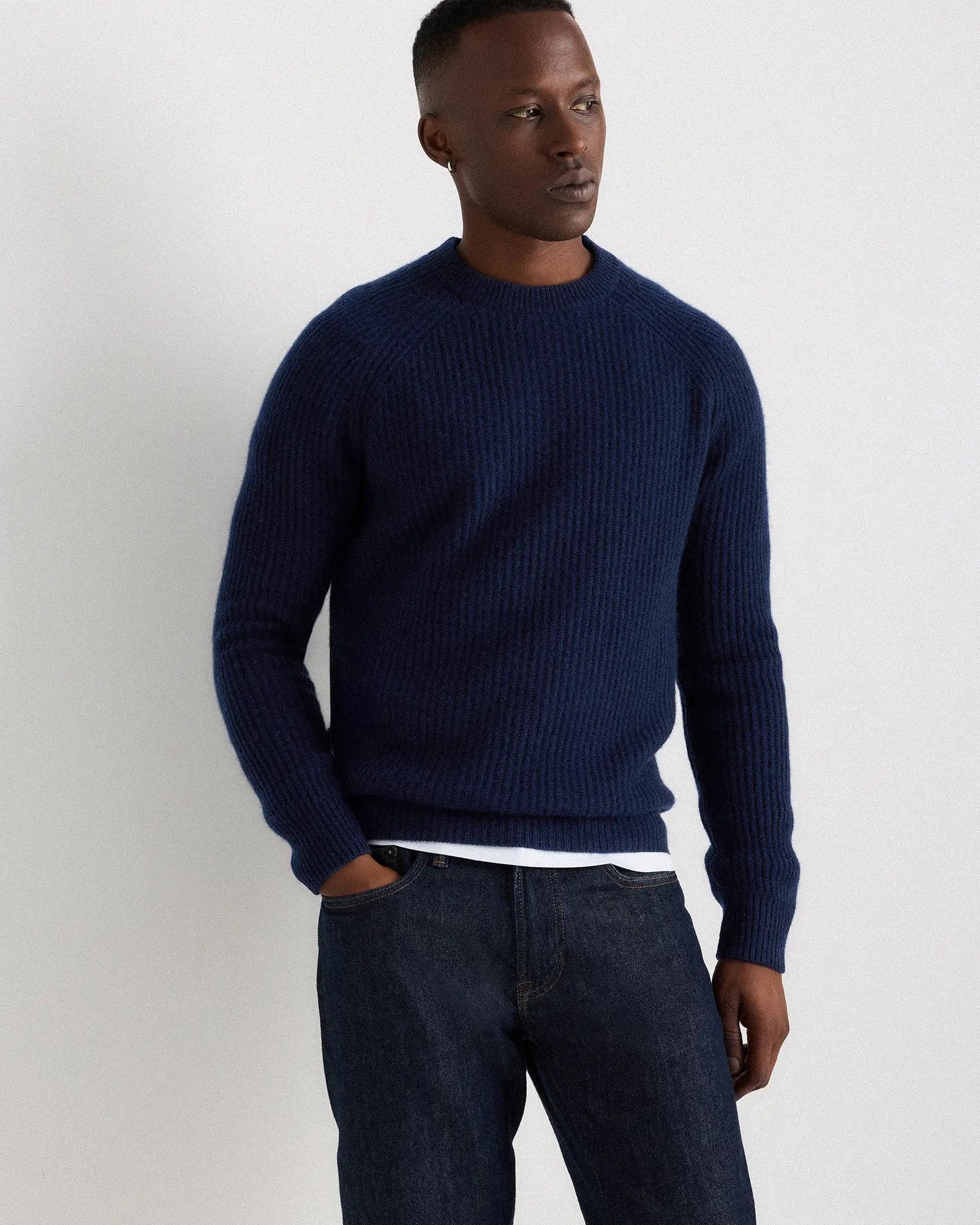 Suéter Canelado com Gola Redonda Jumper - Azul marinho