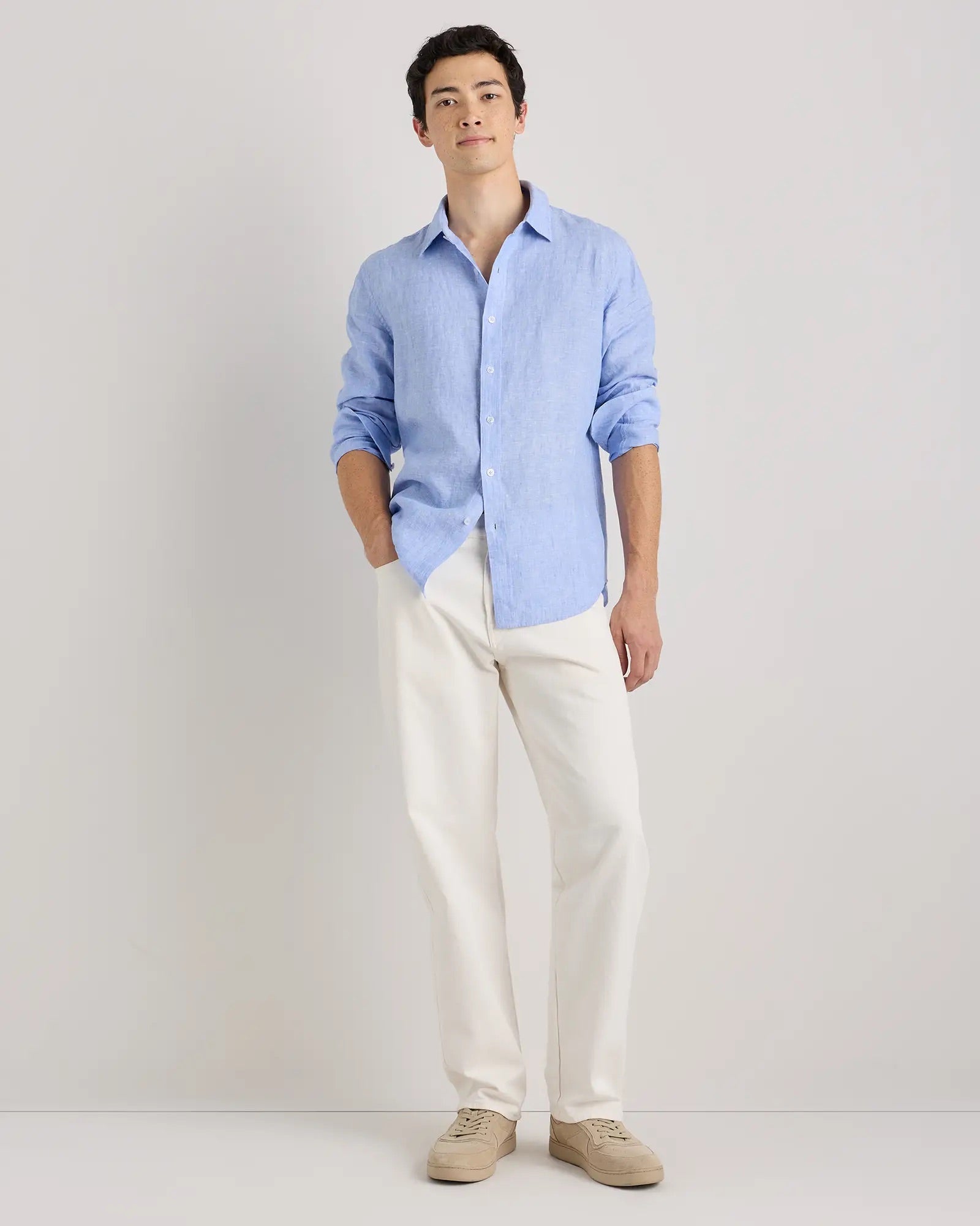 Camisa Manga Longa Slim Em Linho - Azul
