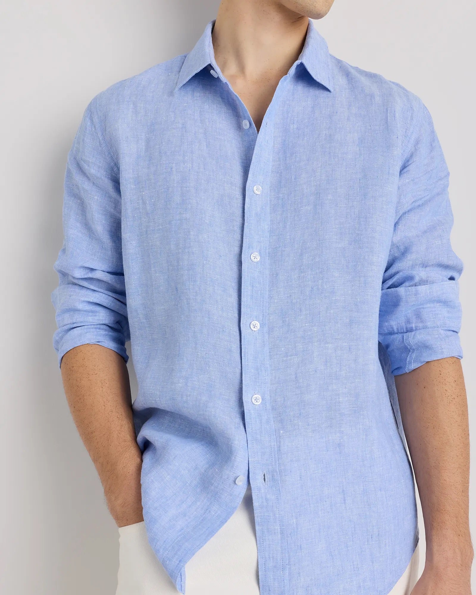 Camisa Manga Longa Slim Em Linho - Azul