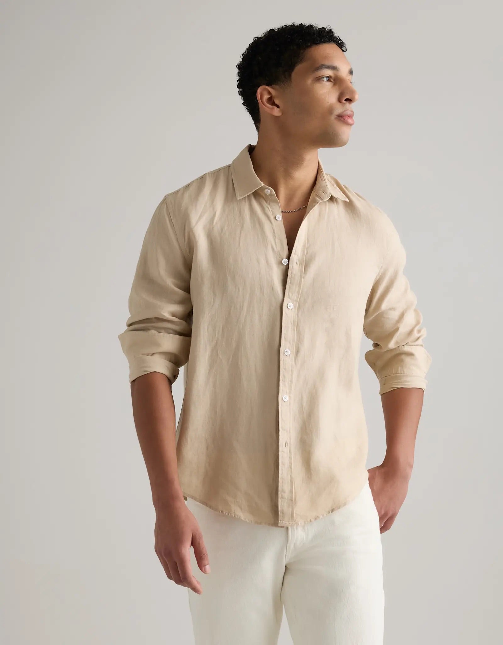 Camisa Manga Longa Slim Em Linho - Bege