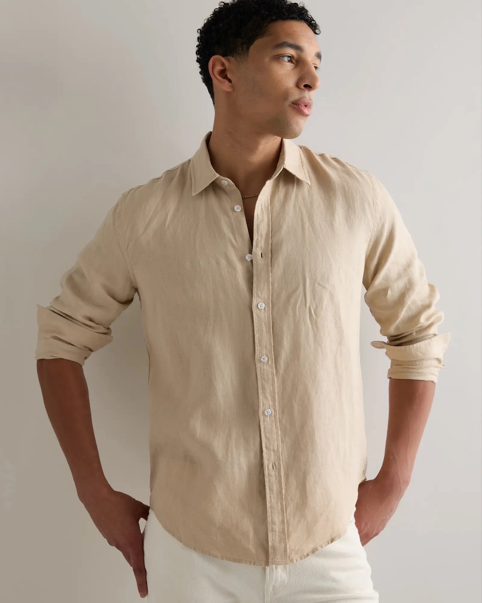 Camisa Manga Longa Slim Em Linho - Bege