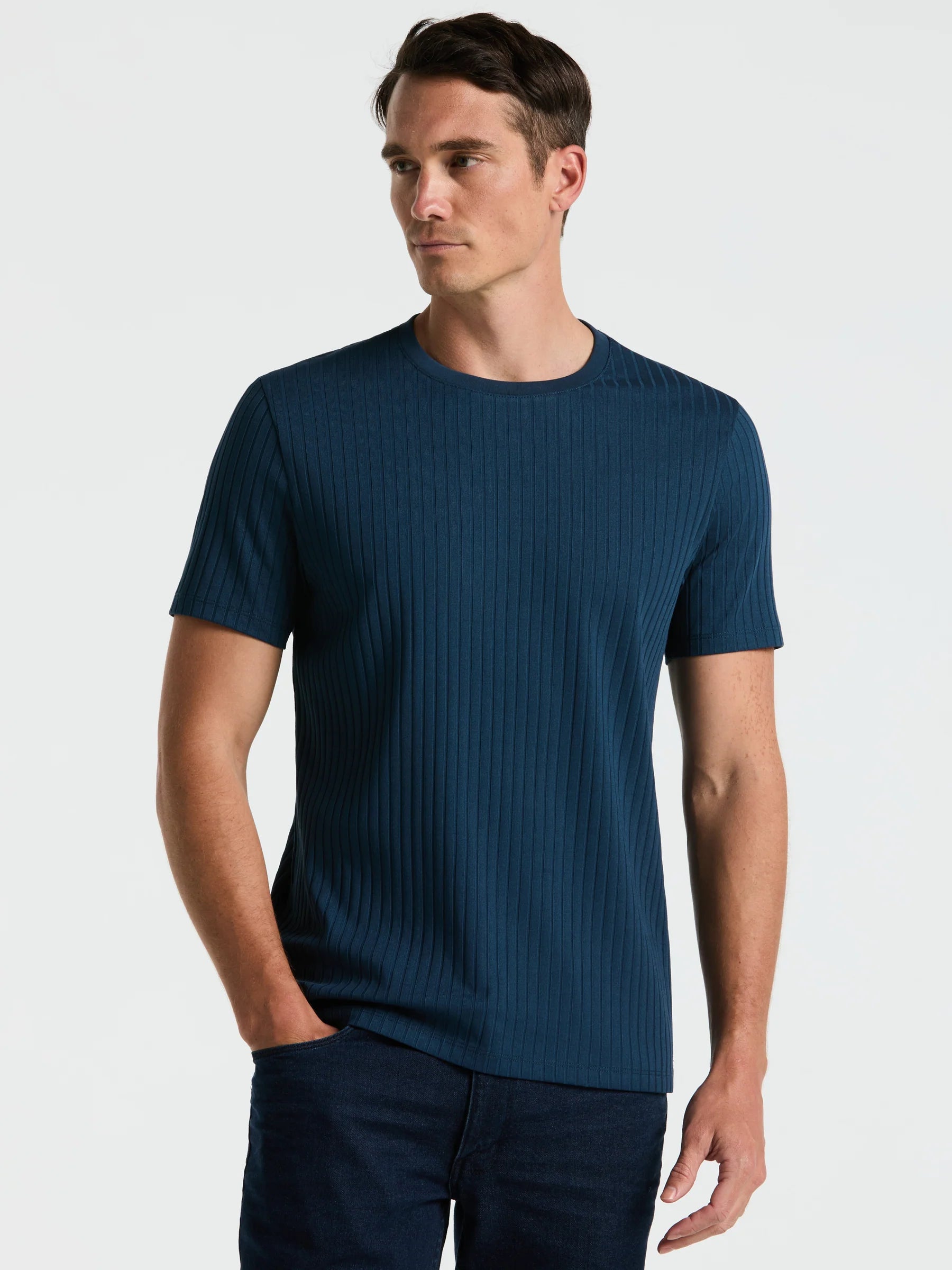 Camiseta Canelada de Gola Redonda Blend - Azul petróleo