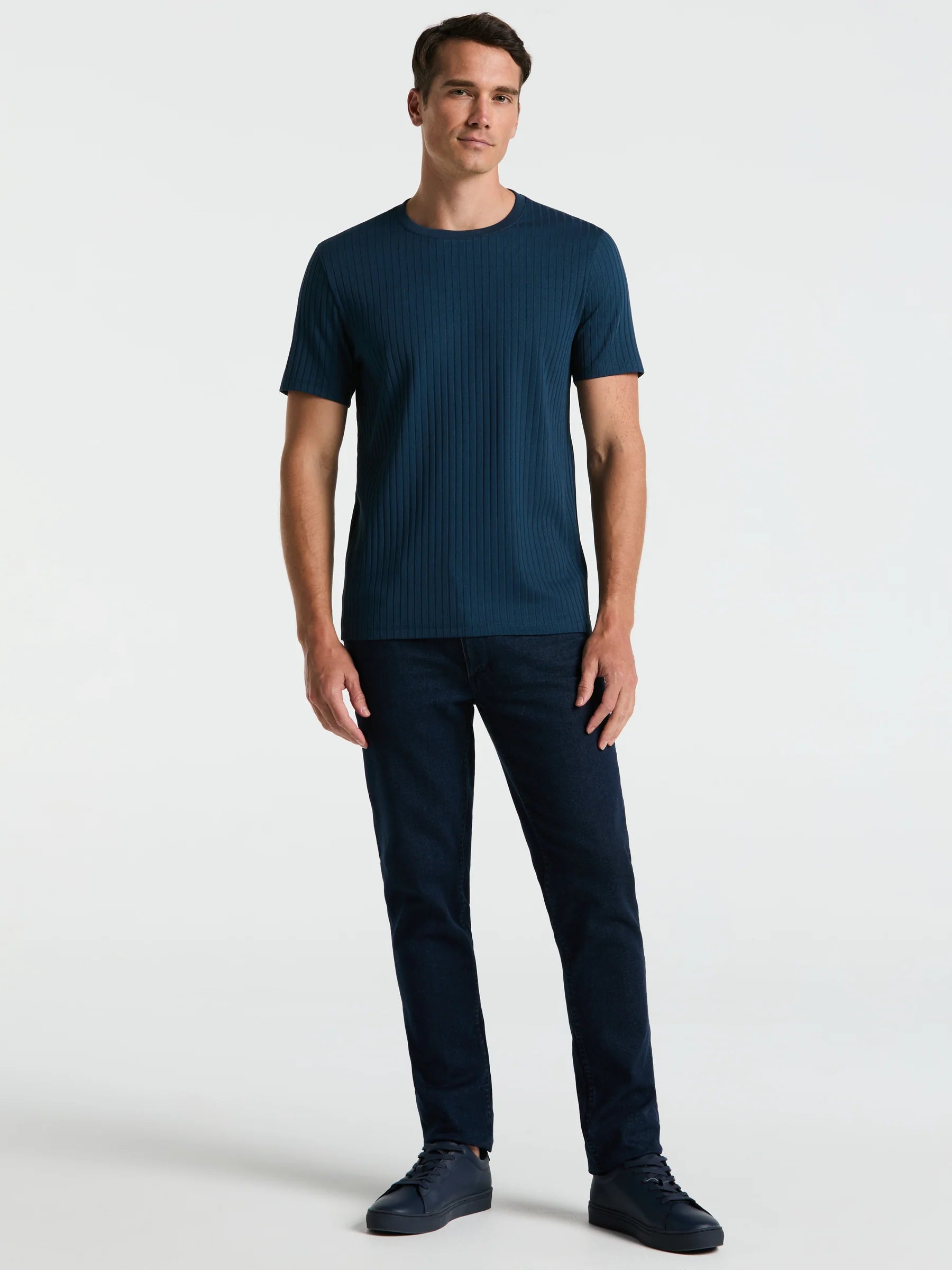 Camiseta Canelada de Gola Redonda Blend - Azul petróleo