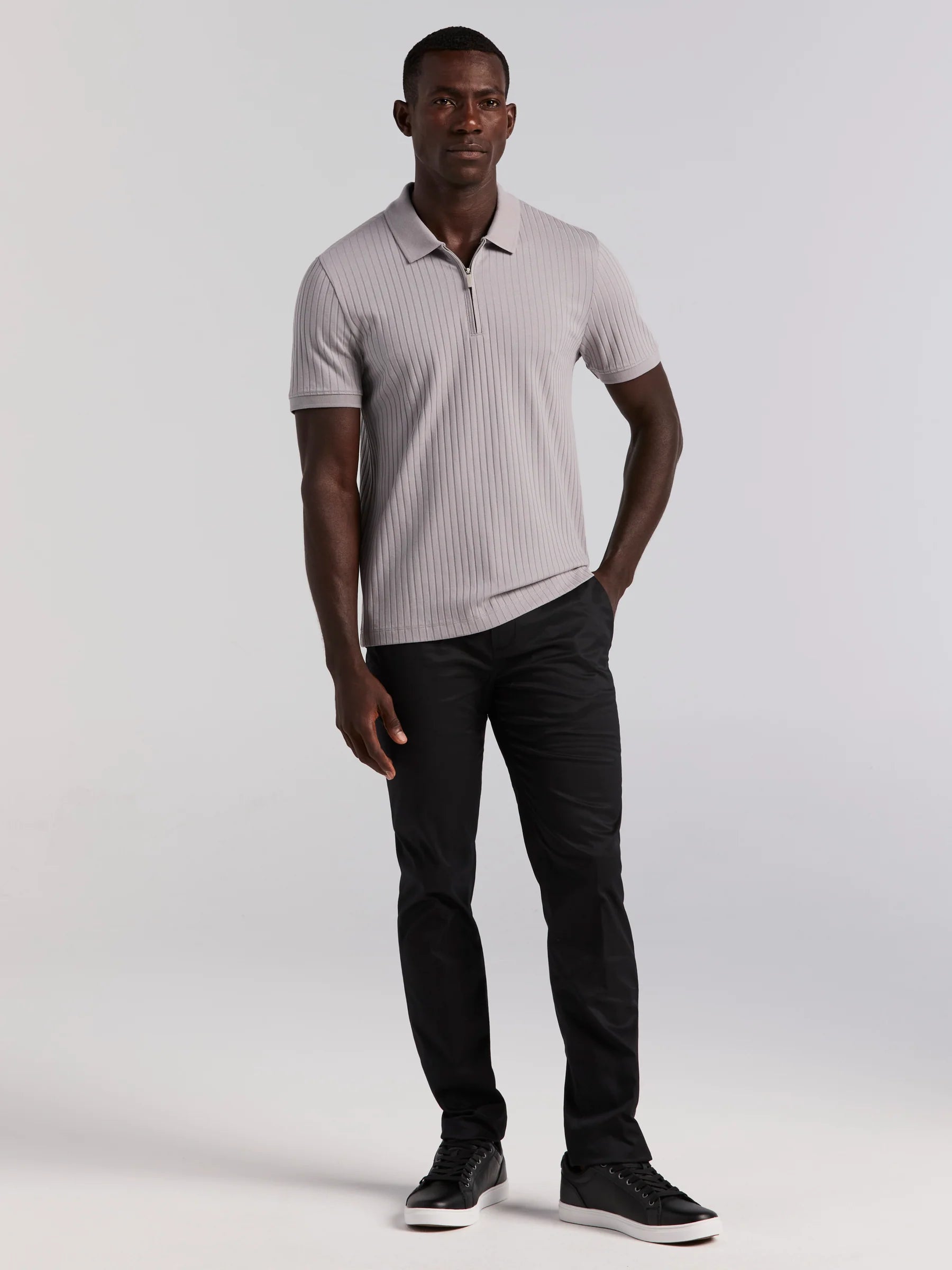 Camisa Gola Polo Canelada com Zíper Blend - Cinza