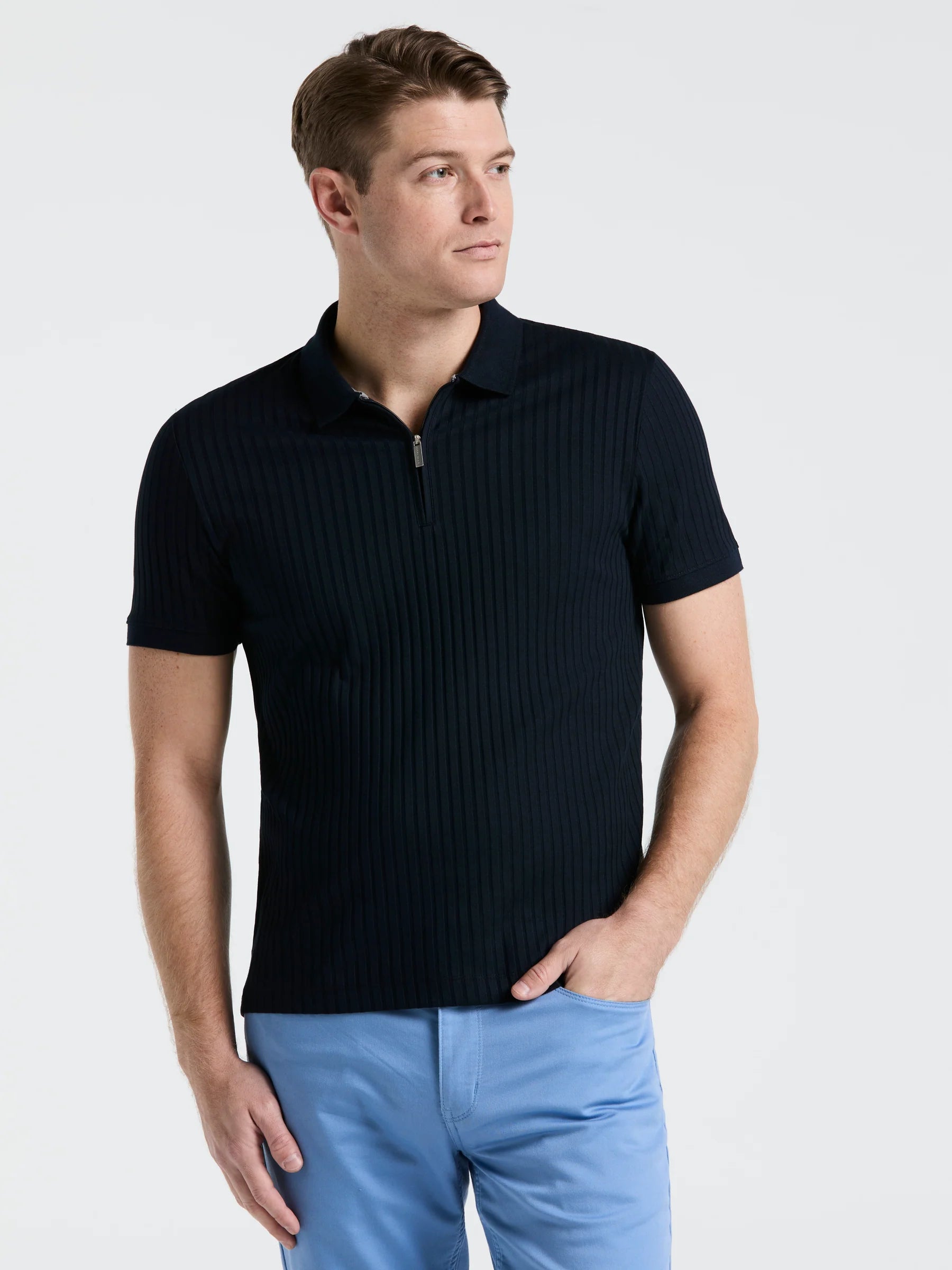 Camisa Gola Polo Canelada com Zíper Blend - Azul marinho