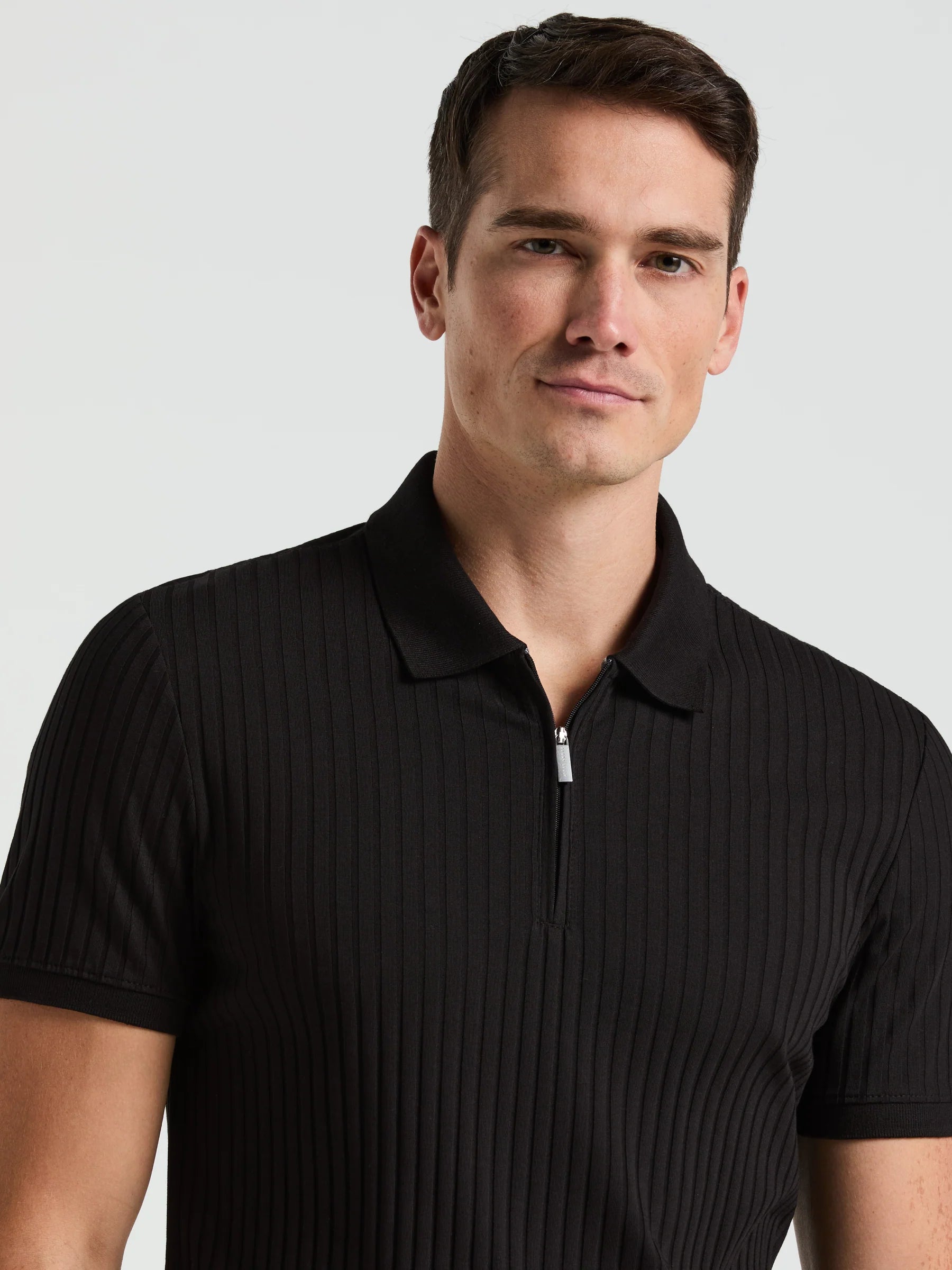 Camisa Gola Polo Canelada com Zíper Blend - Preto