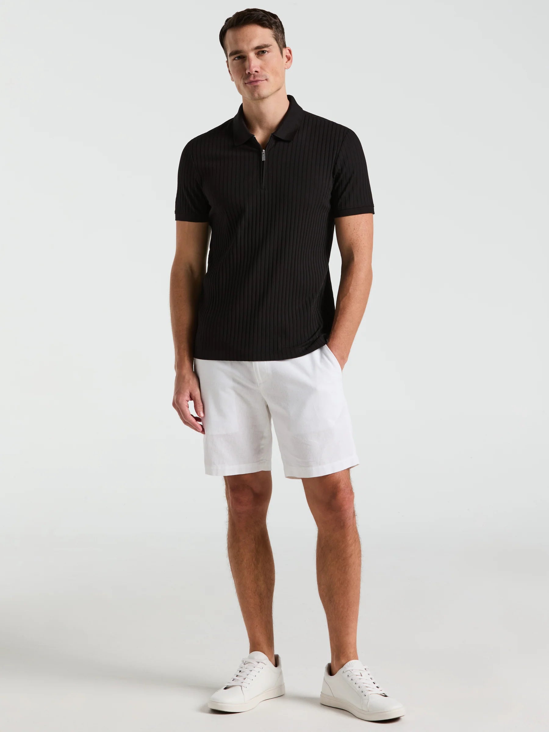 Camisa Gola Polo Canelada com Zíper Blend - Preto