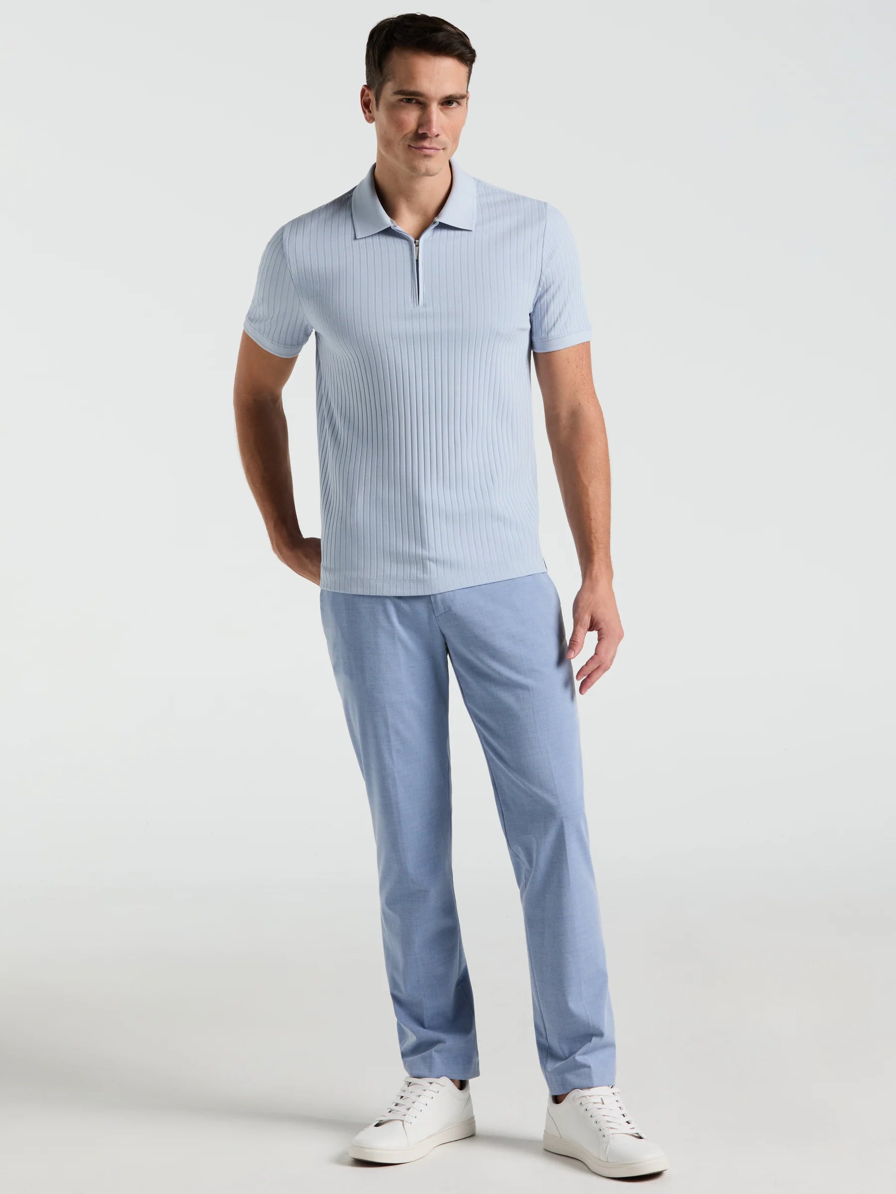 Camisa Gola Polo Canelada com Zíper Blend - Azul claro
