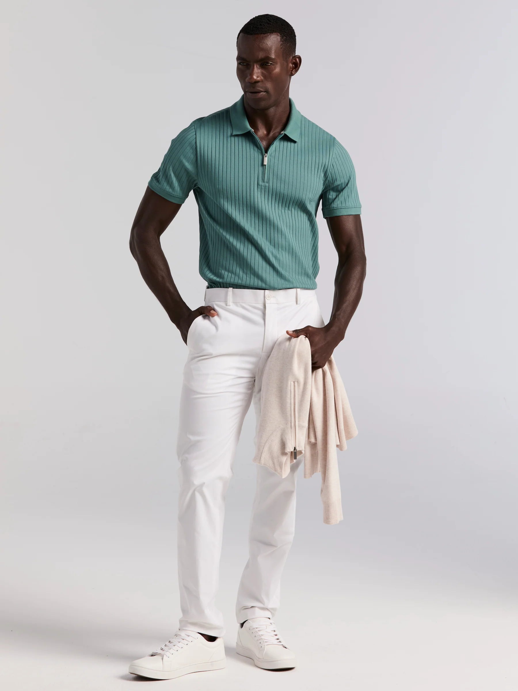 Camisa Gola Polo Canelada com Zíper Blend - Verde água