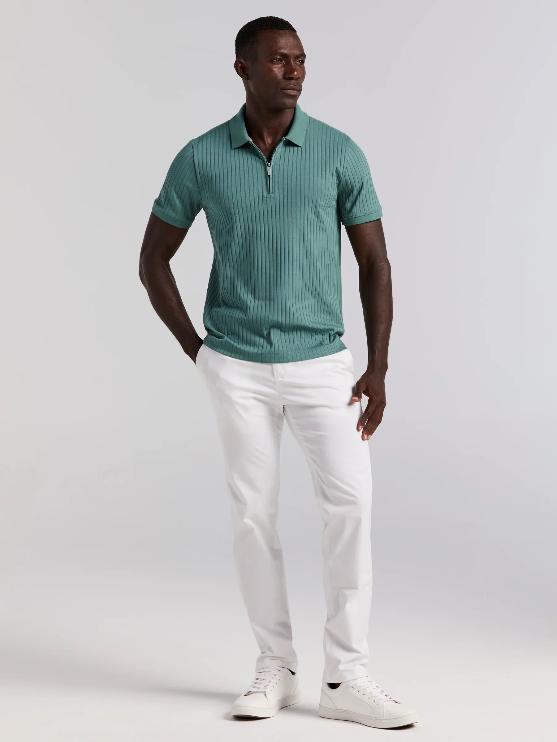 Camisa Gola Polo Canelada com Zíper Blend - Verde água
