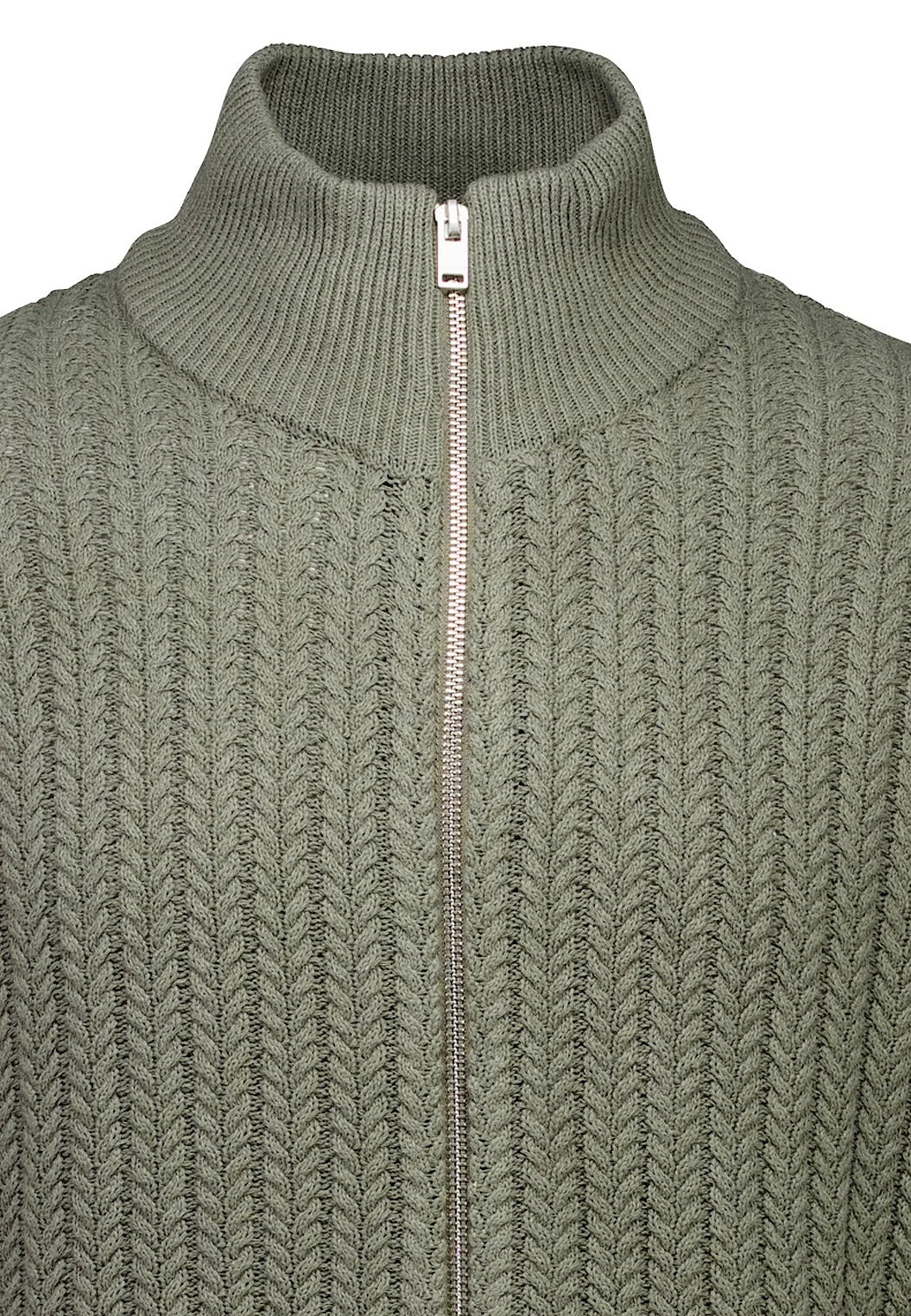Cardigan Texturizado em Tricô com Gola Alta e Zíper - Verde musgo