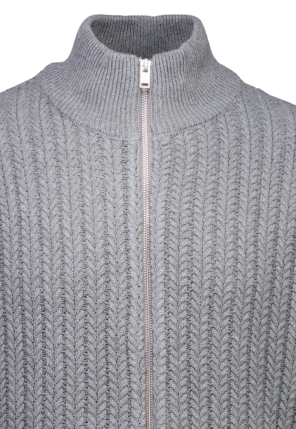 Cardigan Texturizado em Tricô com Gola Alta e Zíper - Cinza