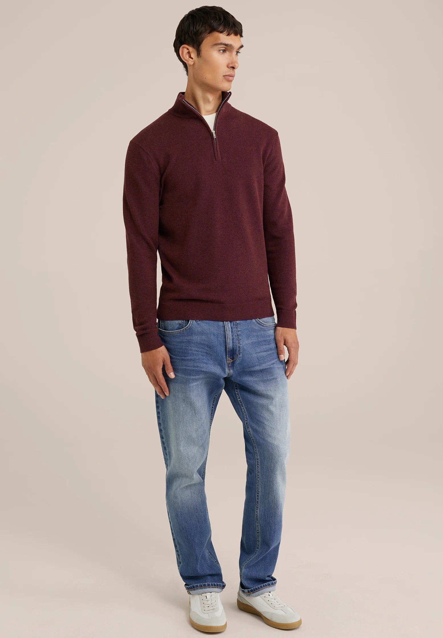 Suéter Masculino em Algodão com Gola Troyer e Zíper - Vermelho