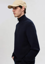 Cardigan Comfort com Gola Alta e Zíper - Azul Marinho