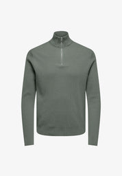 Suéter Comfort Texturizada com Gola Alta e Zíper - Verde Musgo