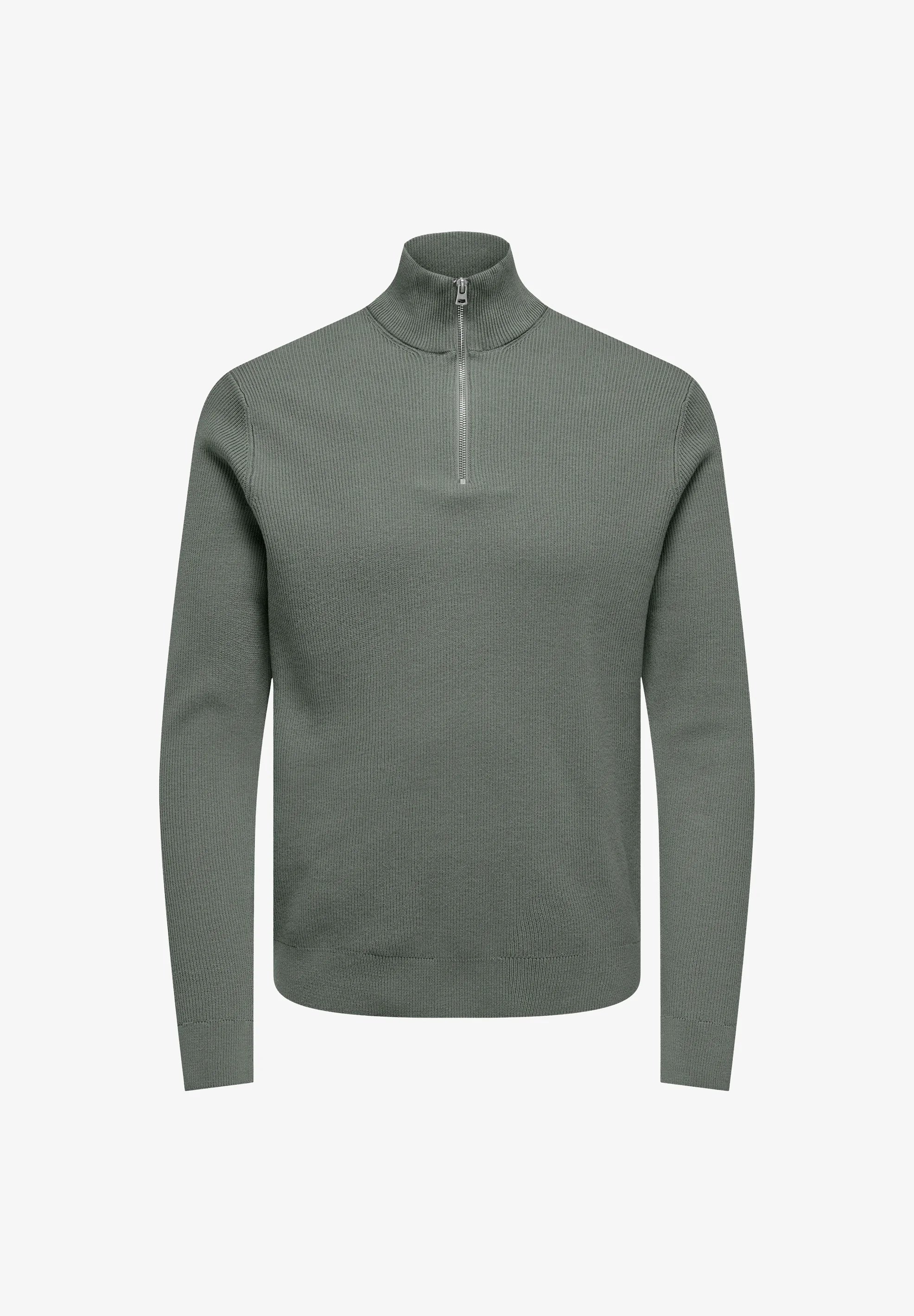 Suéter Comfort Texturizada com Gola Alta e Zíper - Verde Musgo