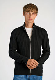 Cardigan Texturizado em Tricô com Gola Alta e Zíper - Preto