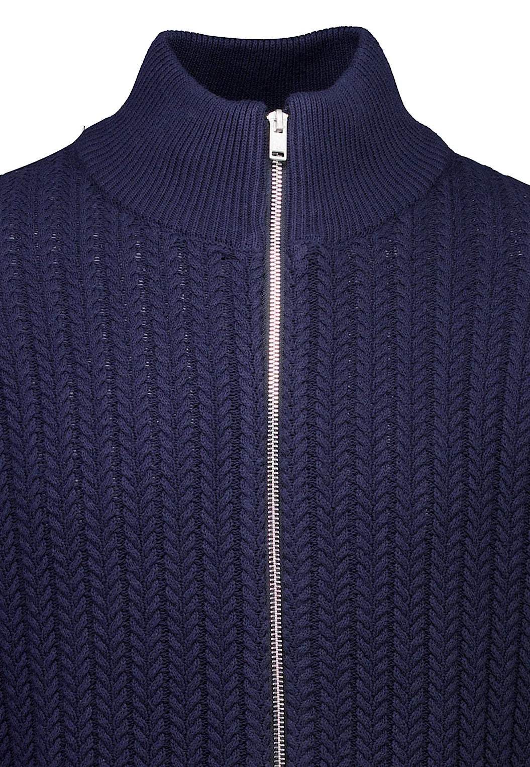 Cardigan Texturizado em Tricô com Gola Alta e Zíper - Azul marinho