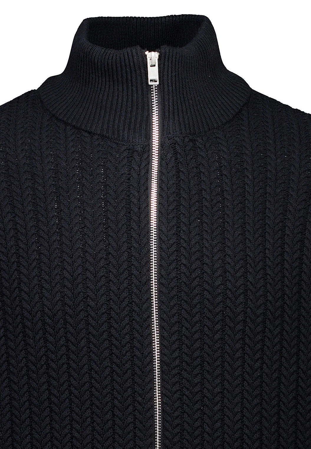 Cardigan Texturizado em Tricô com Gola Alta e Zíper - Preto