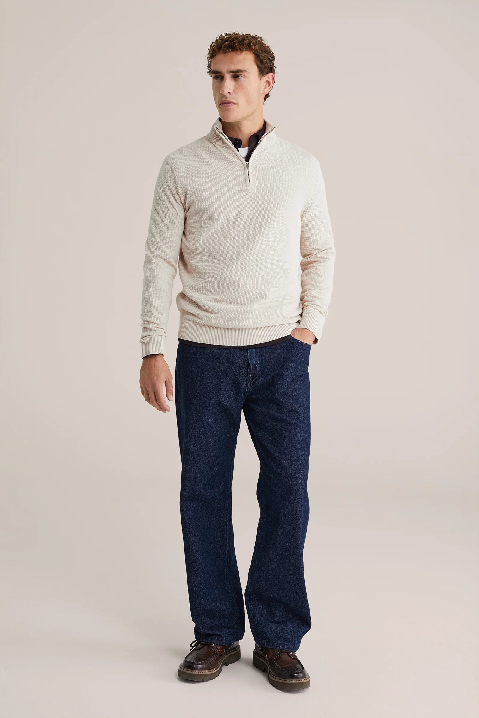 Suéter Masculino em Algodão com Gola Troyer e Zíper - Off white