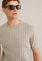 Camiseta Listrada em Algodão Texturizado - Bege