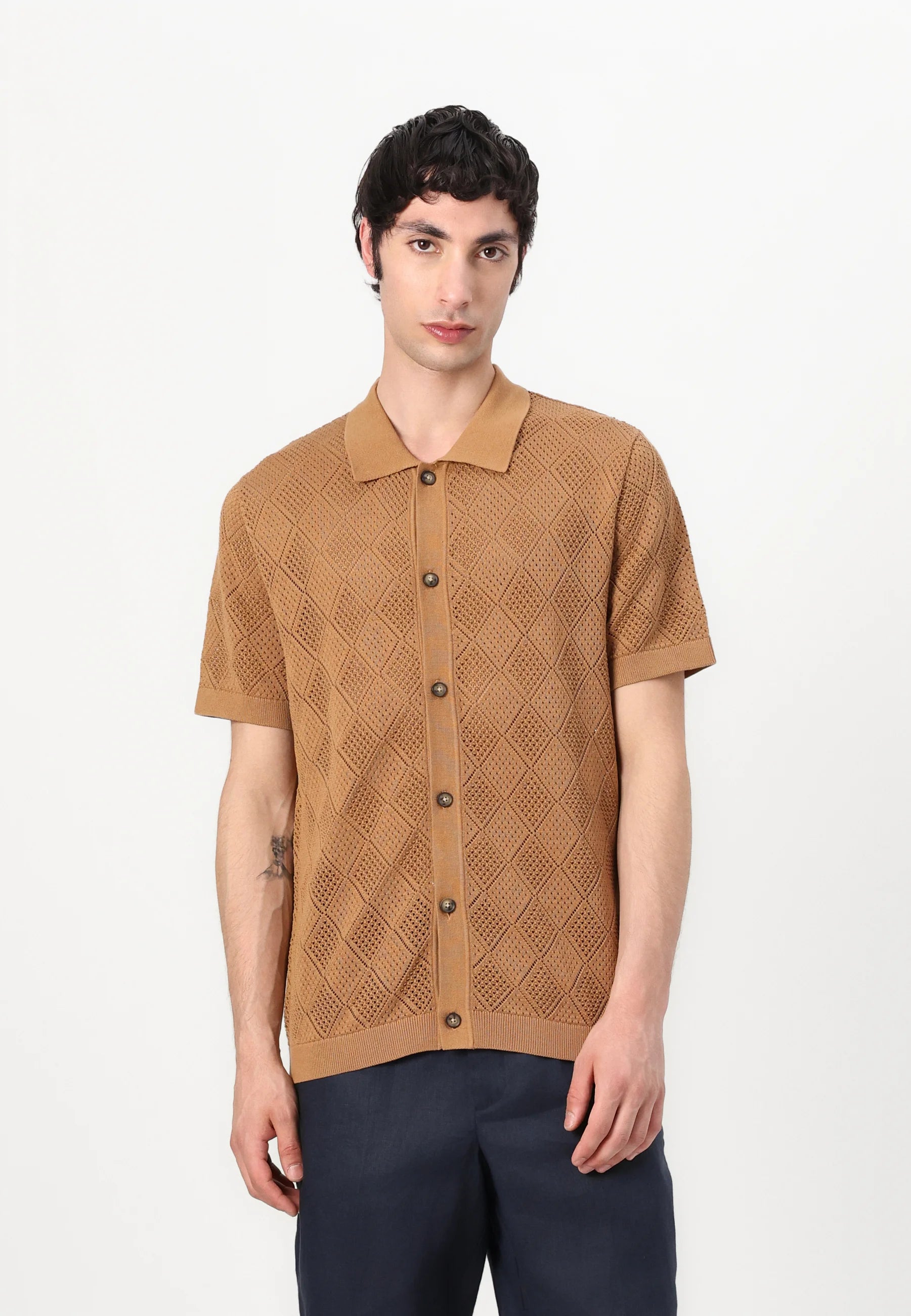 Camisa Gola Polo com Textura em Tricô - Marrom