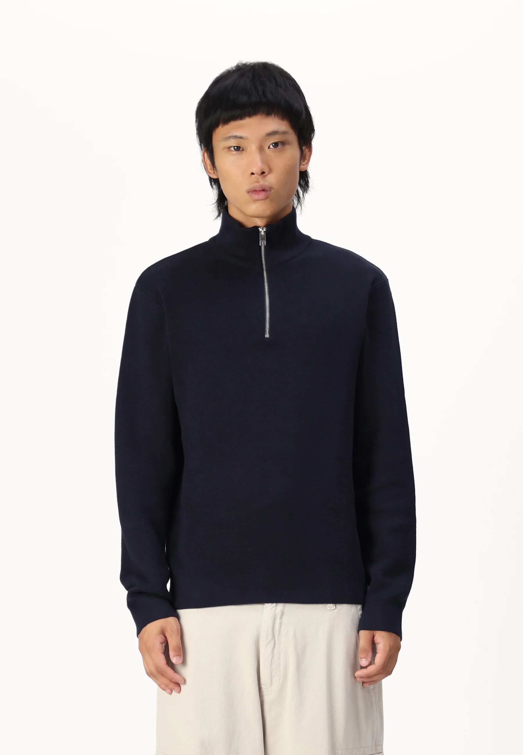 Suéter Comfort Texturizada com Gola Alta e Zíper - Azul marinho