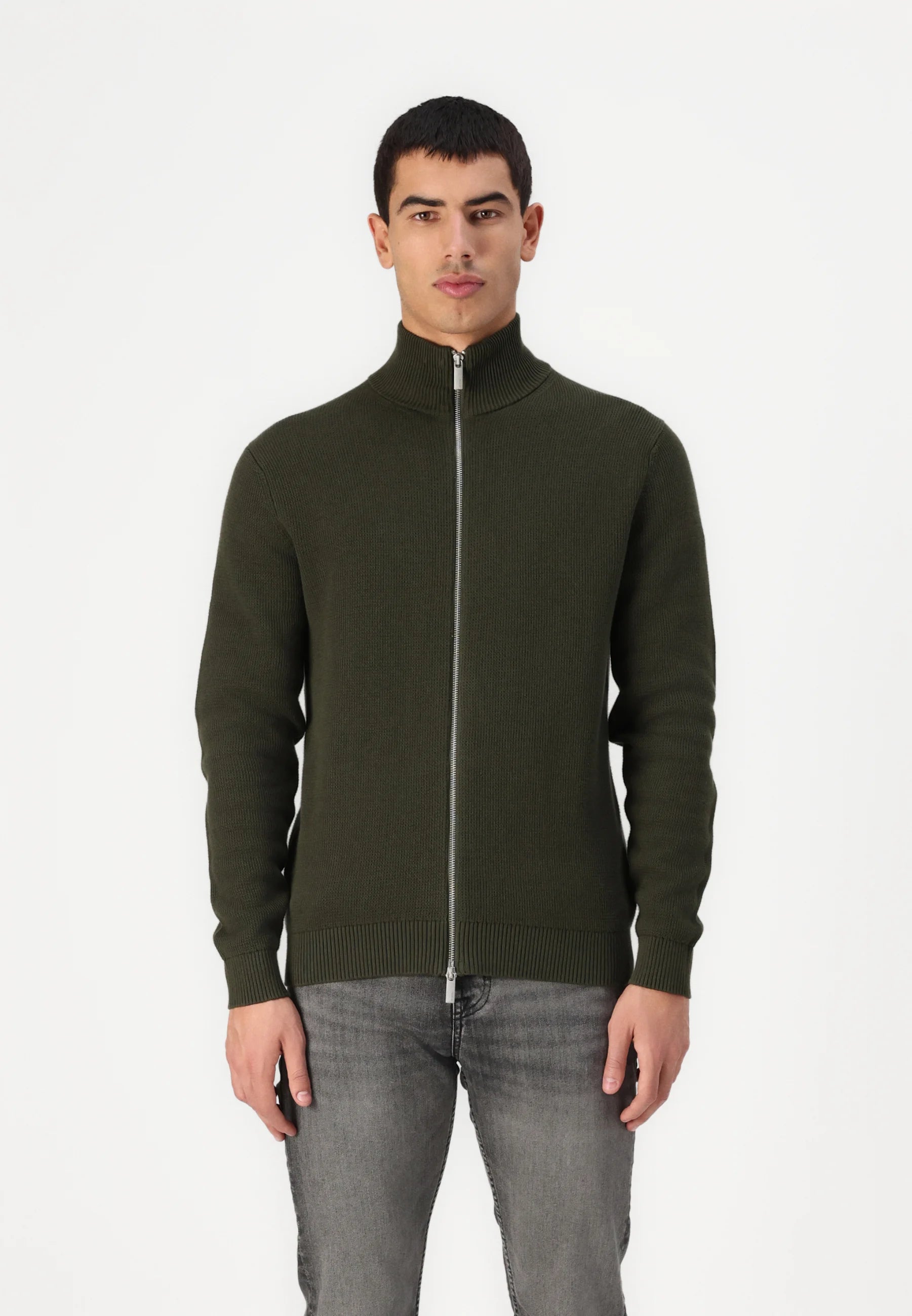 Cardigan Comfort com Gola Alta e Zíper - Verde Militar