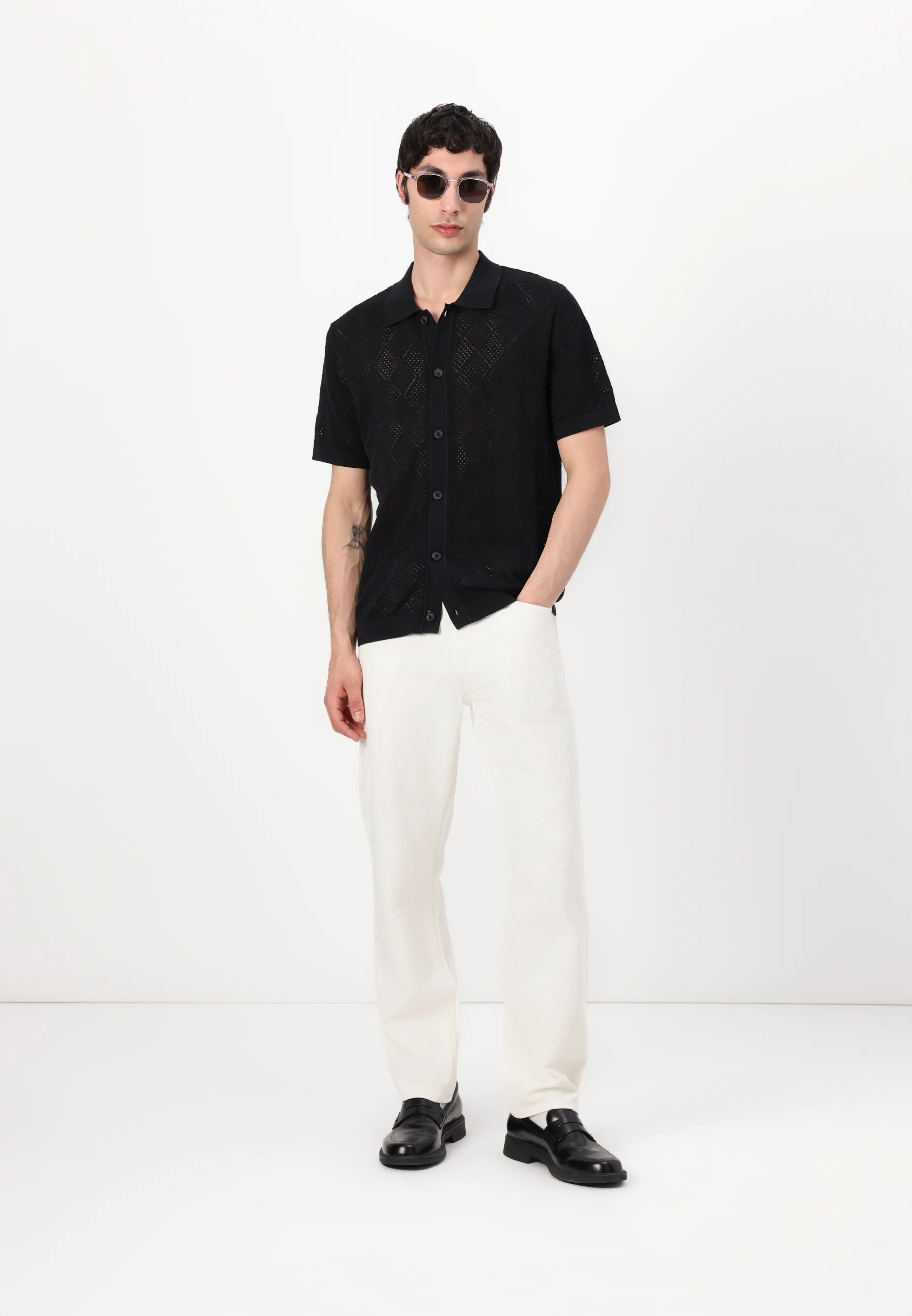 Camisa Gola Polo com Textura em Tricô - Preto