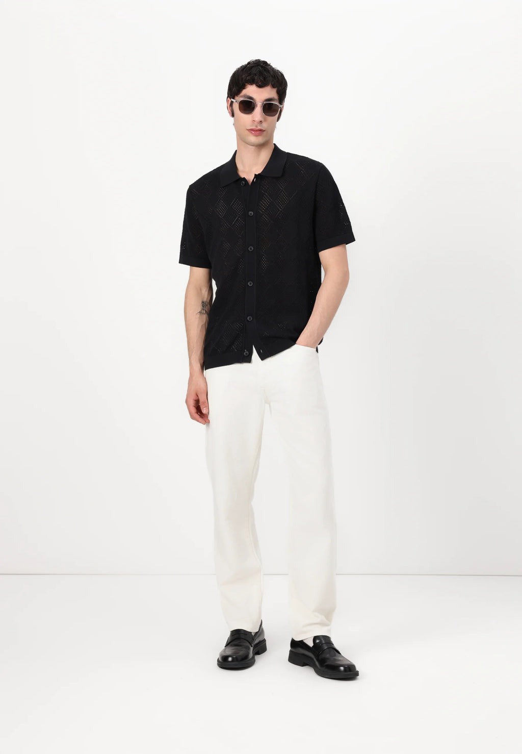 Camisa Gola Polo com Textura em Tricô - Preto