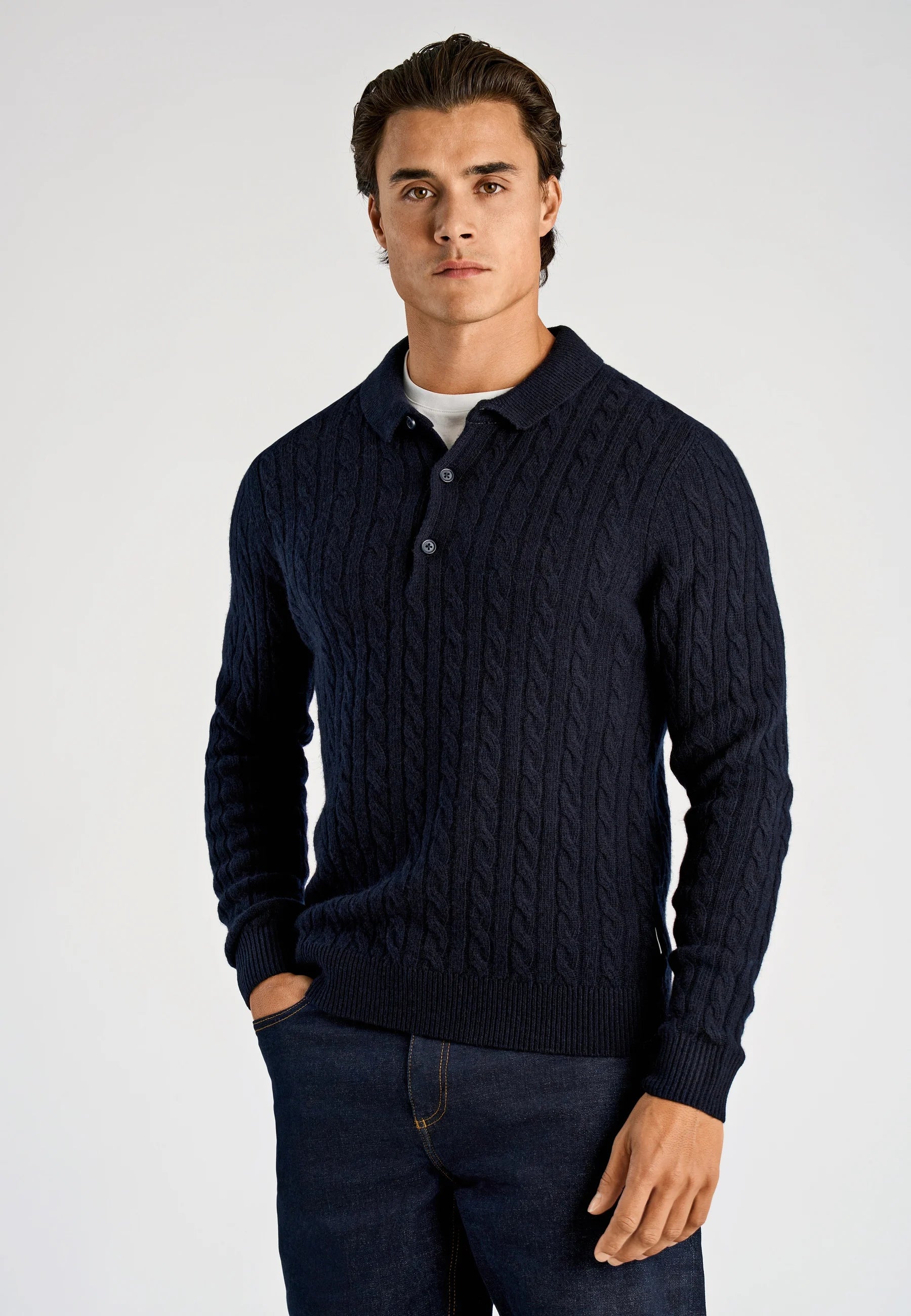 Camiseta Polo Masculina Tricotada Manga Longa - Azul marinho