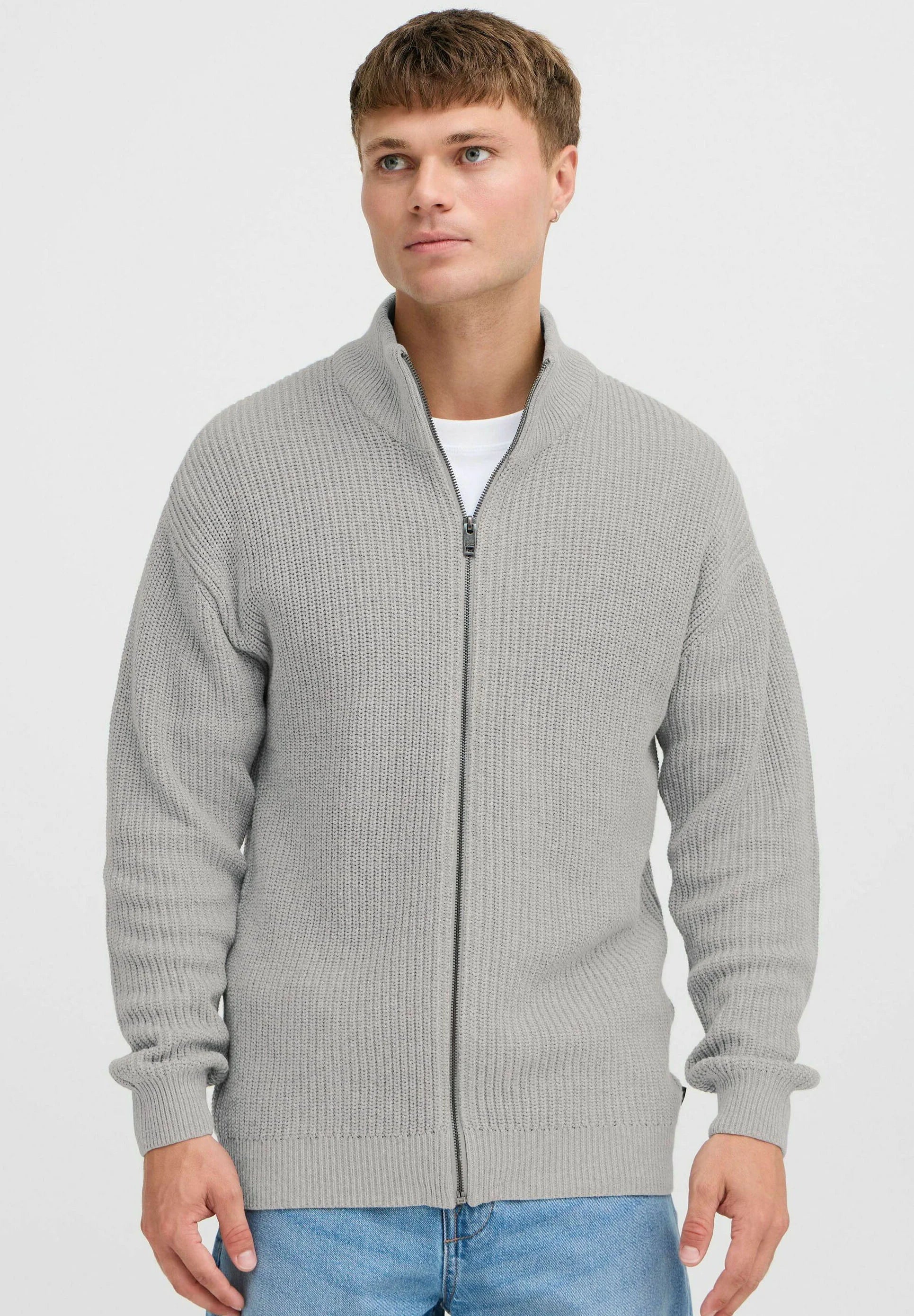 Suéter Masculino Gola Alta com Zíper Frontal - Cinza