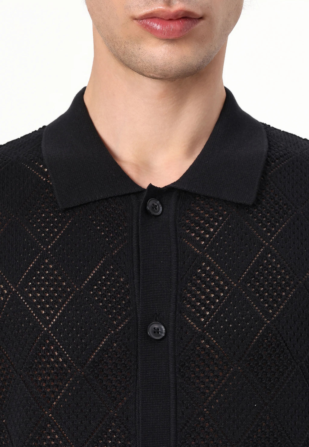 Camisa Gola Polo com Textura em Tricô - Preto