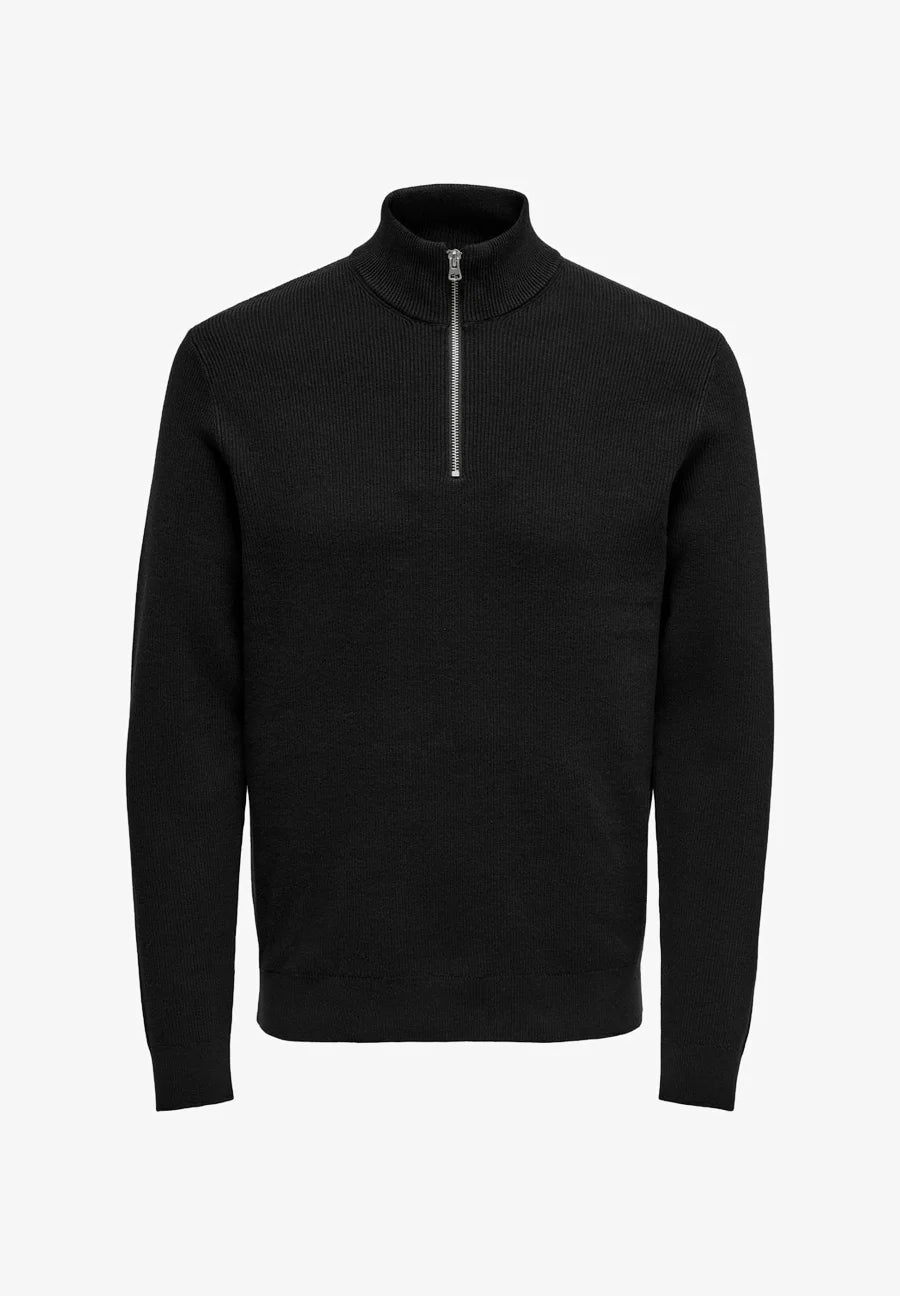 Suéter Comfort Texturizada com Gola Alta e Zíper - Preto