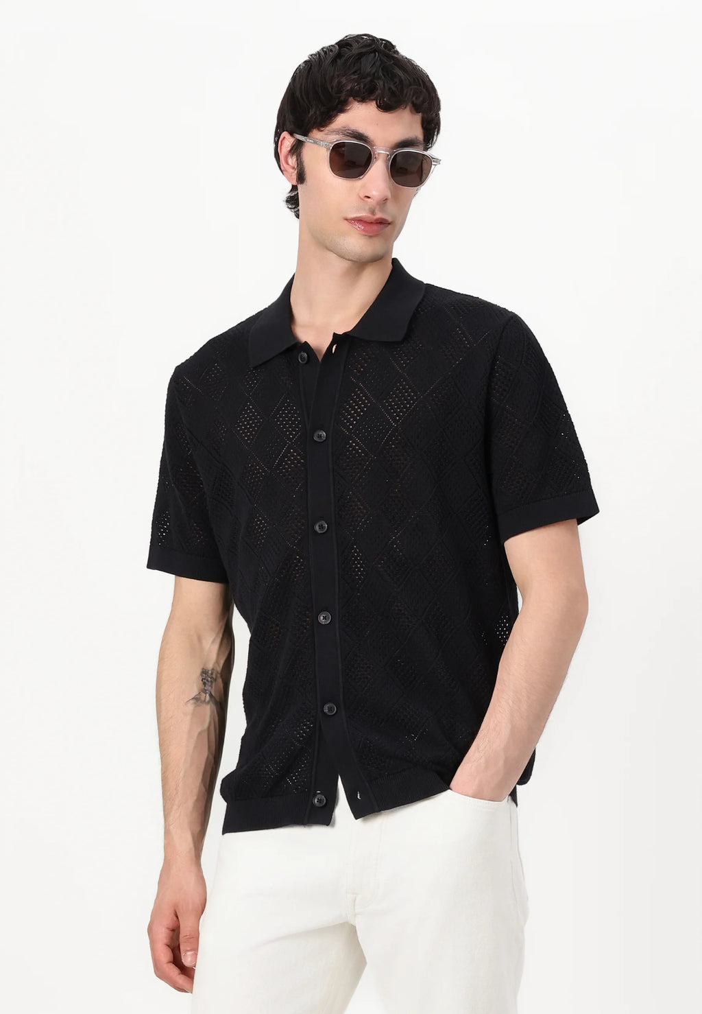 Camisa Gola Polo com Textura em Tricô - Preto