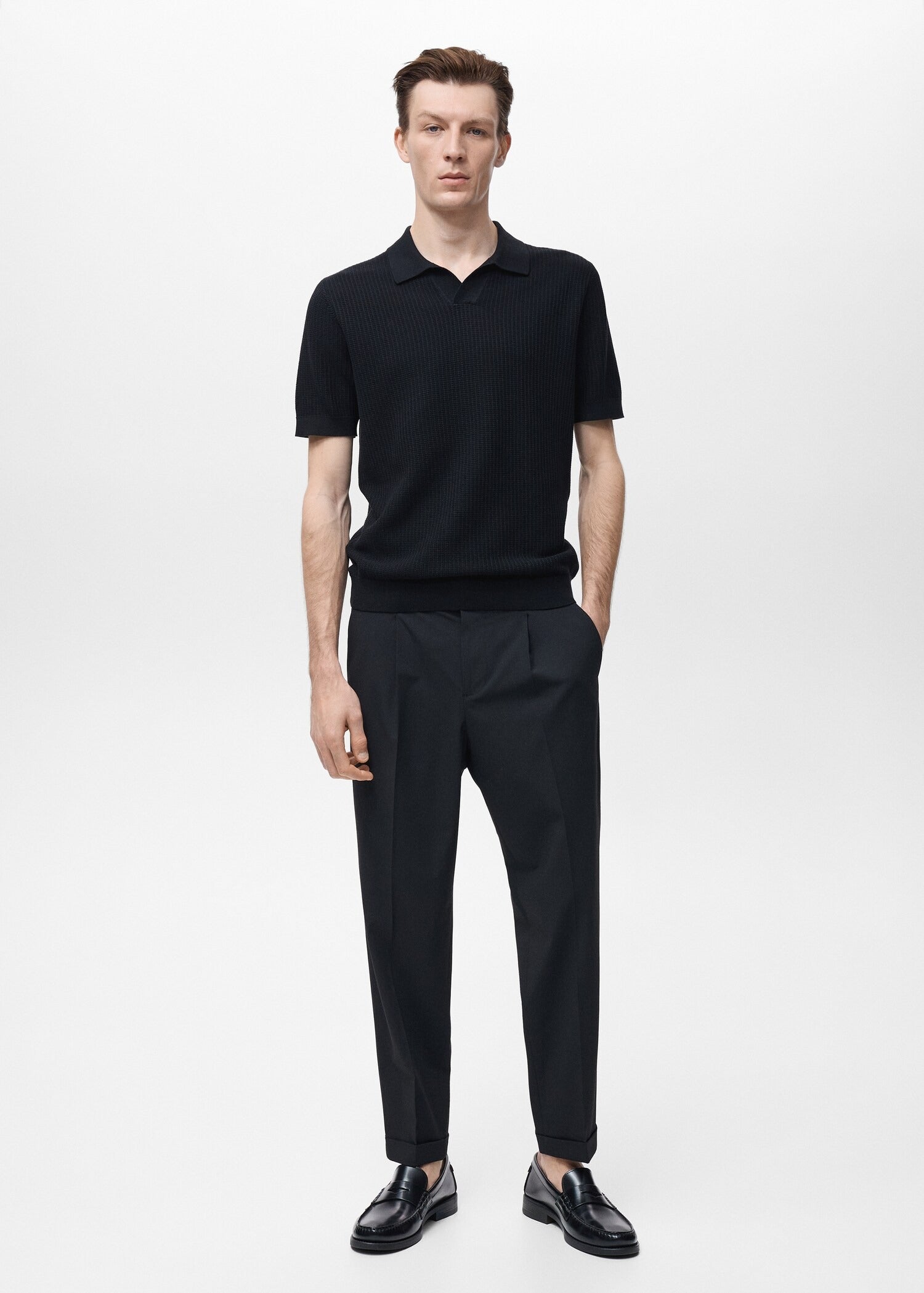 Camisa Polo em Tricô Texturizado - Preto