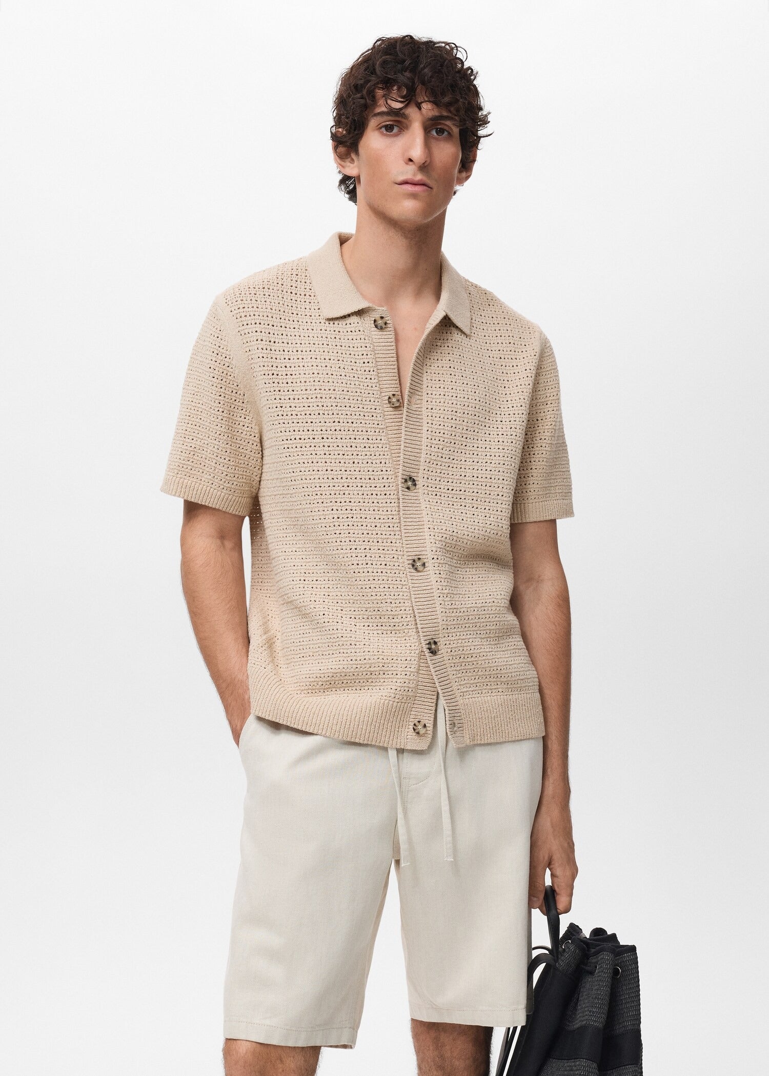 Camisa Polo em Crochê Malha Vazada - Bege
