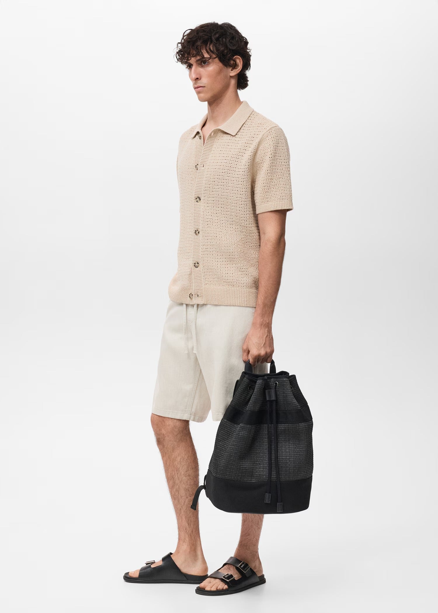 Camisa Polo em Crochê Malha Vazada - Bege